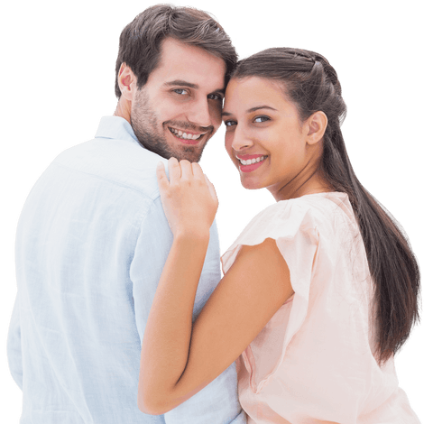 Transparent Romantic Couple Smiling and Embracing