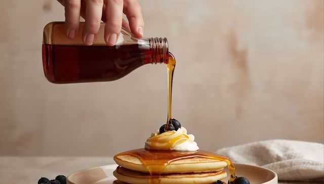 Pouring amber syrup over pancake stack with whipped cream and blueberries