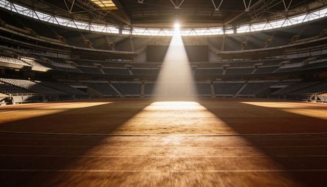 Sunbeam illuminating empty running track inside modern stadium with dramatic skylight