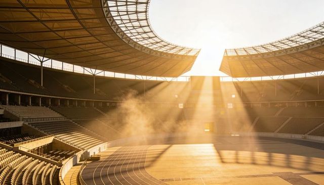 Sunbeams bathing empty stadium at golden hour casting dust rays and long spectral shadows
