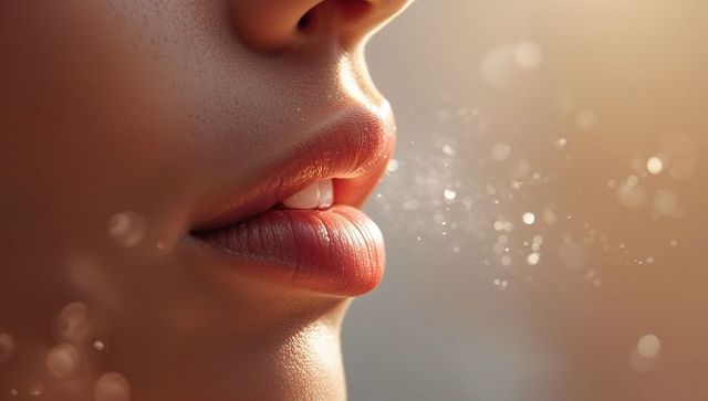 Macro Closeup of Soft Female Lips Releasing Breath with Warm Bokeh Glow for Beauty