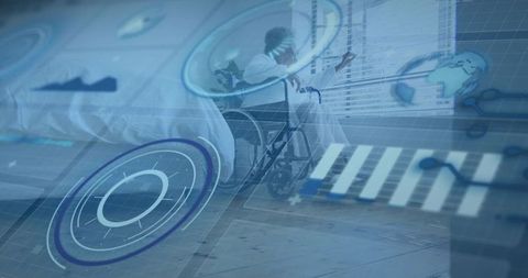 Senior woman sitting in wheelchair looking out window in hospital room with hud overlays