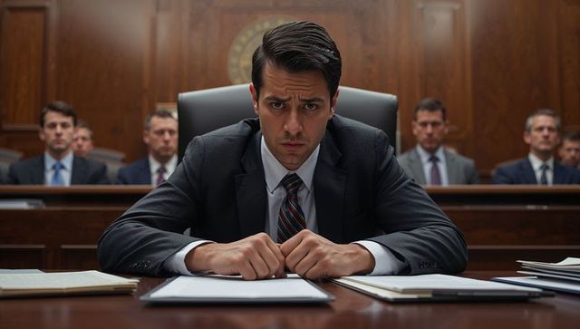 Courtroom attorney leaning at counsel table clasping hands before tense legal hearing