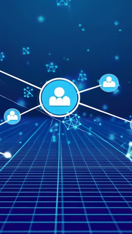 Vertical tech network animation showing user hub connecting to group nodes on digital grid