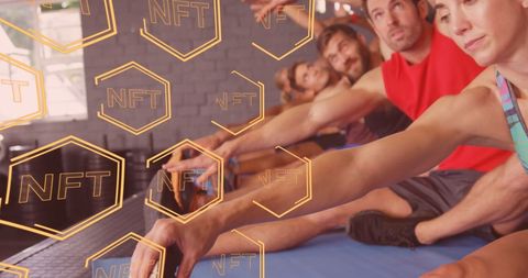 Diverse Group Stretching in Gym Surrounded by NFT Graphic