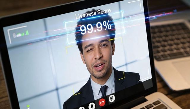 Professional winking on video call showing 99.9% liveness score for biometric access