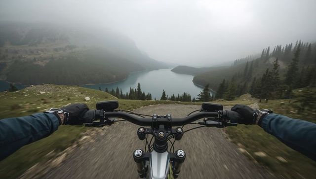 Riding down mountain trail toward turquoise alpine lake misty valley adventure view