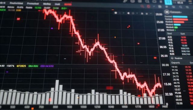 Red candlestick chart plunging on trading dashboard showing downward market trend, volume