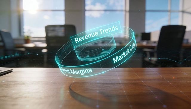Holographic business analytics ring displaying revenue trends market cap and profit margins