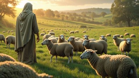 Shepherd Observing Peaceful Flock of Sheep in Sunlit Meadow - Download Free Stock Images Pikwizard.com