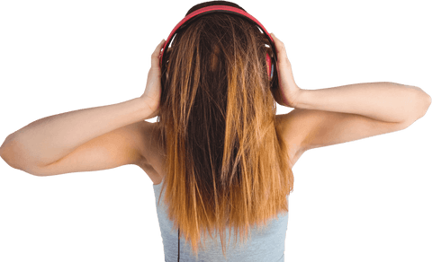 Transparent background woman listening music hair covers face back view