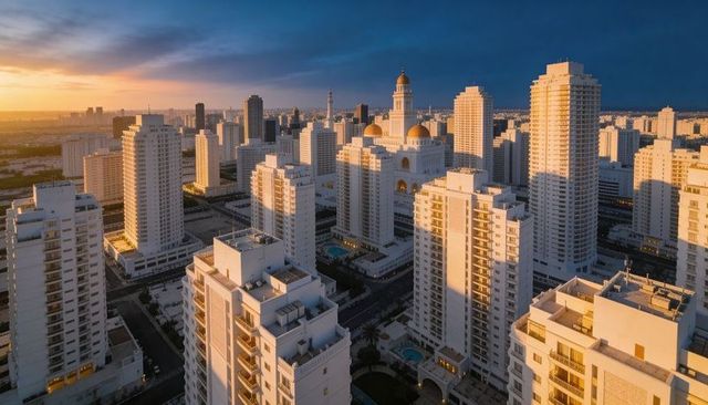 Sunset illuminating white high-rise towers and gold-domed mosque in coastal cityscape