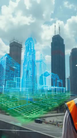 Planner Tapping AR Hologram Over City Construction Site Showing Wireframe Tower and Grid