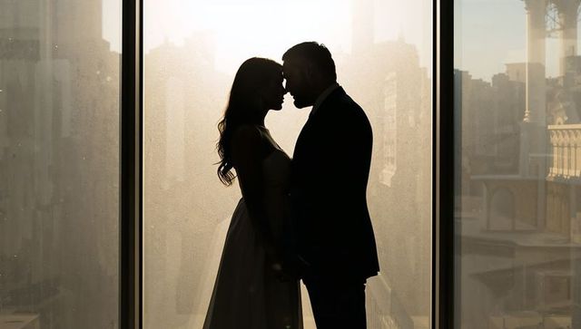 Silhouetted bride and groom holding hands by backlit city window at sunset