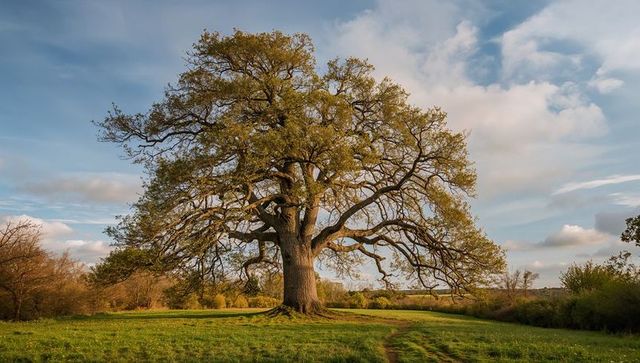 Ancient oak spreading wide canopy over sunlit meadow with winding dirt path at golden hour