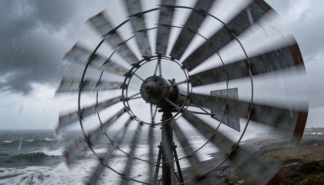 Rusty wind pump spinning in gale on rugged coastline with crashing waves and rain streaks