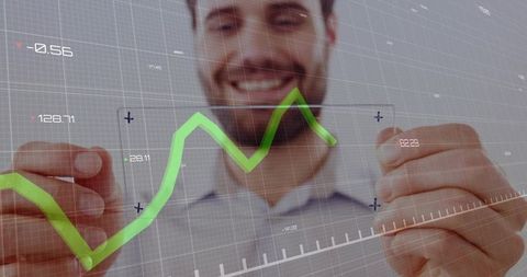 Smiling professional holding transparent ar dashboard with rising green analytics chart
