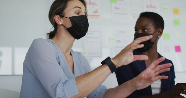 Businesswomen Discussing Project in Office Wearing Masks - Download Free Stock Images Pikwizard.com