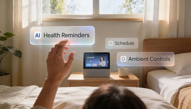 Female Reaching for Smart Bedside Display with AI Health Reminders and Ambient Controls