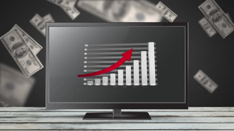 Digital Growth Graph on Screen with Falling Banknotes Background