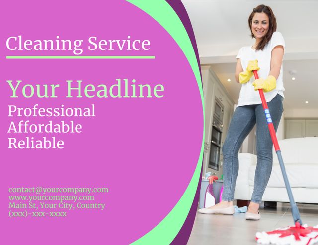 This template is ideal for promoting a professional cleaning service targeting households. It features an image of a woman using a mop in a modern, clean living room, making it perfect for businesses wanting to highlight affordability, reliability, and professional service. Suitable for use in online advertisements, social media posts, and printed marketing materials.