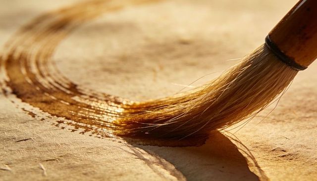 Round brush creating brown glaze stroke on textured paper macro close-up bristle detail art