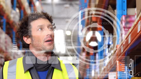 Warehouse Worker Interacting with Futuristic Digital Interface