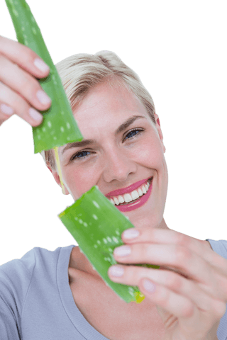 Smiling Blonde Woman Holding Aloe Vera in Transparent Background