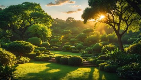 Sunlit pathway in elegant lush formal garden, garden of eden concept