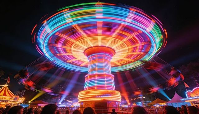 Spinning led swing ride creating vibrant multicolor light trails at night carnival crowd