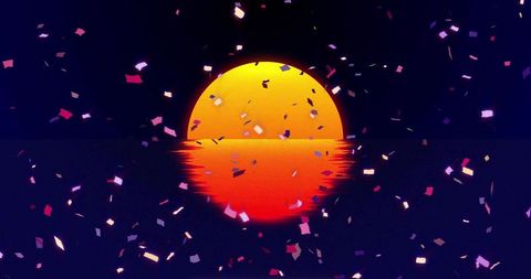 Neon sunset orb reflecting on rippling ocean with colorful confetti shower, vaporwave glow