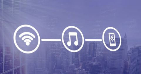 Digital Connectivity Icons Over Lively Urban Cityscape - Download Free Stock Images Pikwizard.com