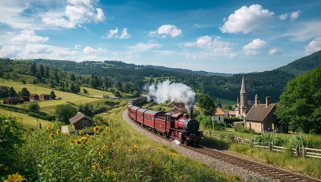 Vintage red steam train curving through lush countryside valley with village church