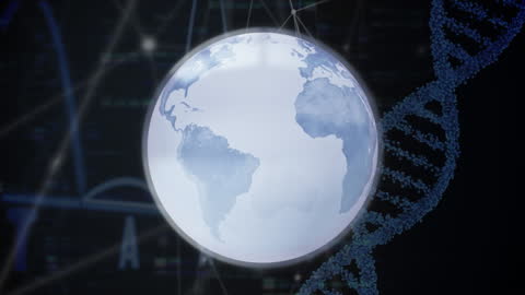 Digital Globe Overlay with DNA Helix and Data Graphics