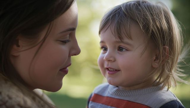 Tender moment between mother and toddler smiling outdoors with soft bokeh warm light