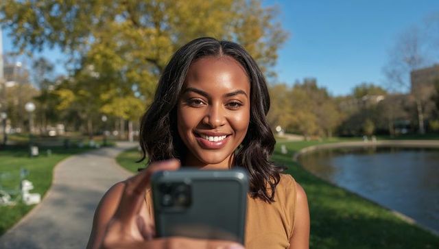 Smiling Woman Taking Selfie in Autumn Park