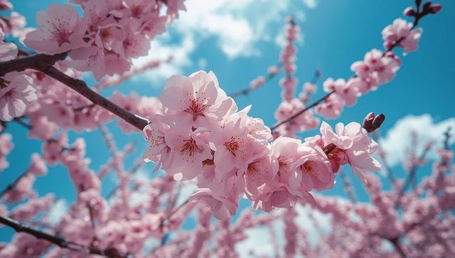 Blooming Cherry Blossoms Against Vibrant Blue Sky