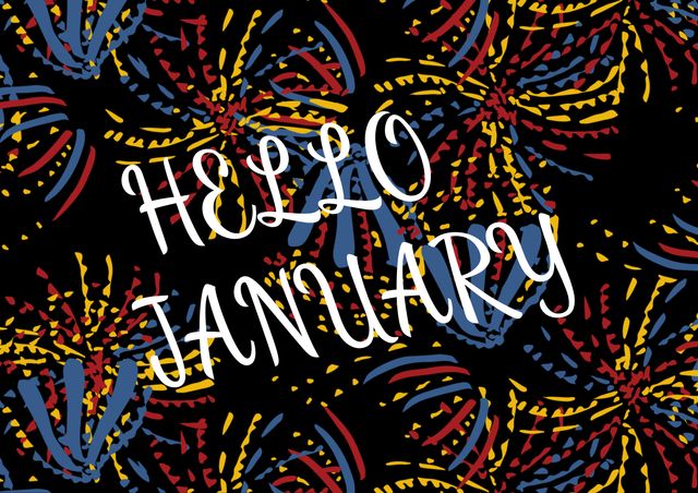 Digital composite image of hello january text over colorful confetti against black background. celebration and backgrounds.