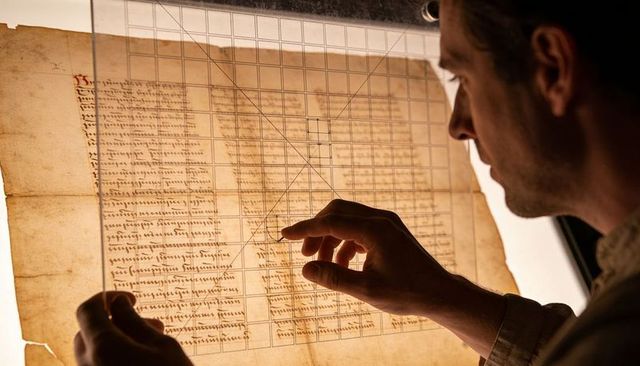 Archivist aligning conservation grid over antique parchment manuscript on lightbox