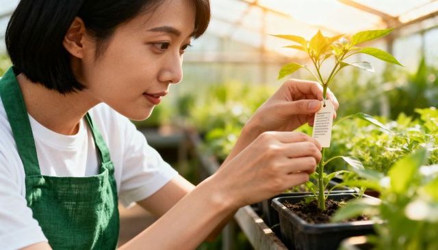 Asian woman labeling seedling in sunlit greenhouse tending young plant for propagation