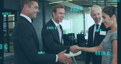 Four business professionals shaking hands in glass office with financial hud overlay