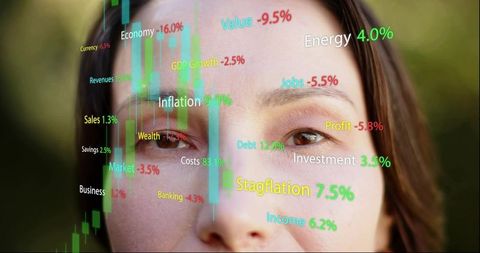 Mature woman analyzing financial overlay with candlestick charts and economic indicators