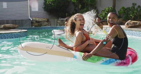 Laughing friends floating on inflatable rings in backyard pool with futuristic HUD overlay