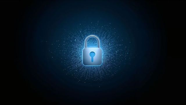 Glowing Blue Padlock Radiating Digital Particles Representing Cybersecurity, Data Protection