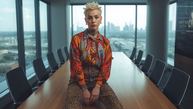 Tattooed creative executive sitting on conference table with panoramic urban skyline view