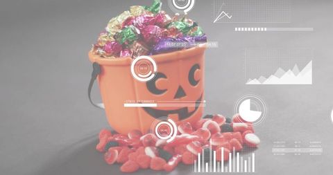 Pumpkin pail spilling halloween candy with futuristic hud overlay for seasonal promotion