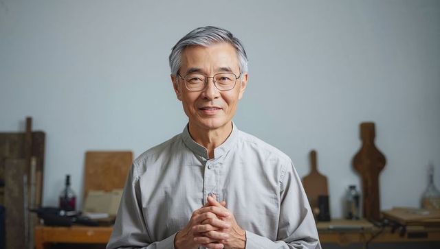 Senior asian craftsman standing in woodshop wearing mandarin collar shirt and glasses