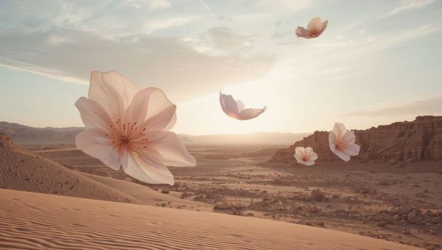 Surreal desert blossom dreamscape floating pale pink flowers over sand dunes at sunset