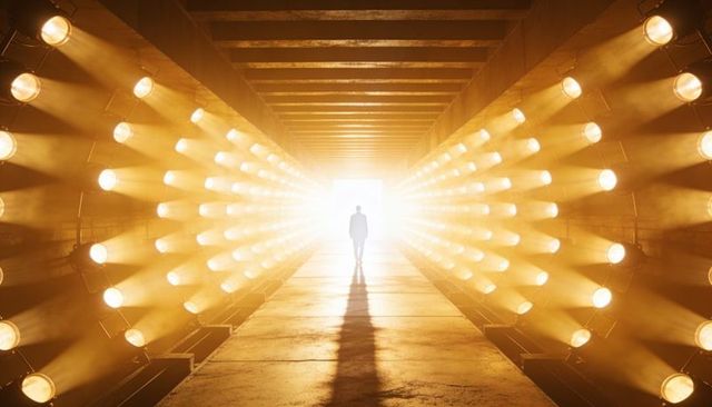 Silhouetted man walking toward bright exit through tunnel lined with spotlights