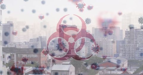 Biohazard symbol over urban skyline with floating virus particles